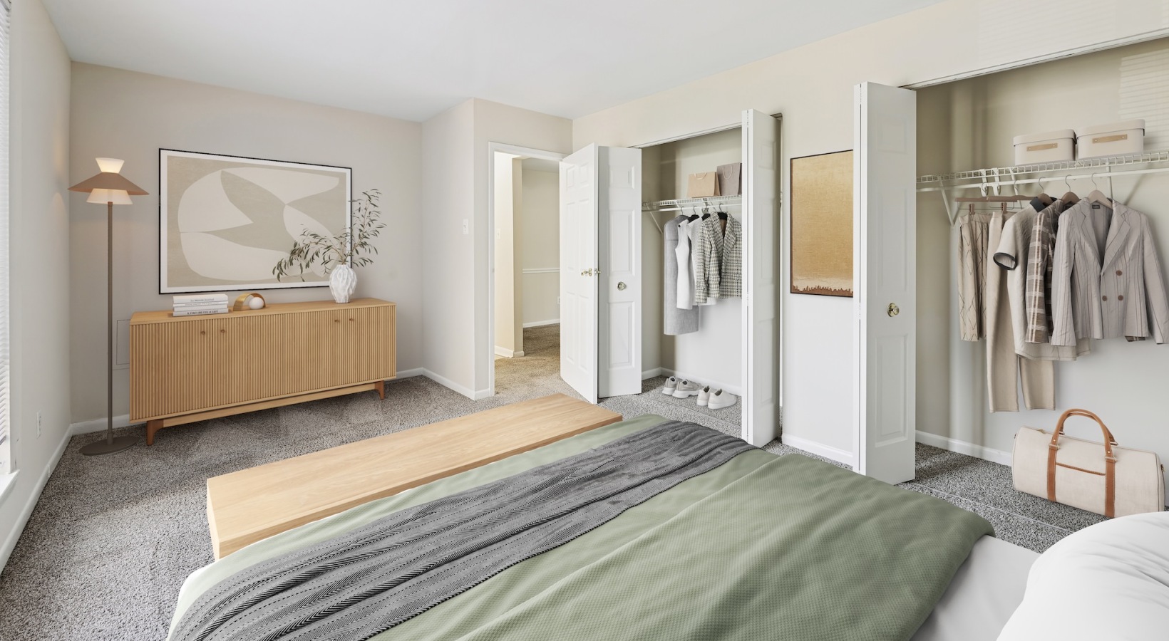 Bedroom with bed with green blankets